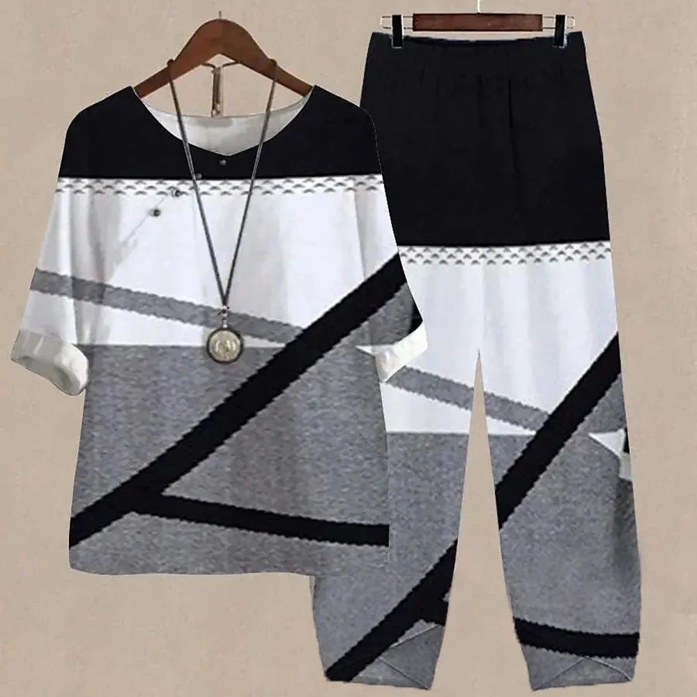 Casual Women's Set - Short Sleeve Shirt + High Waist Floral Pants