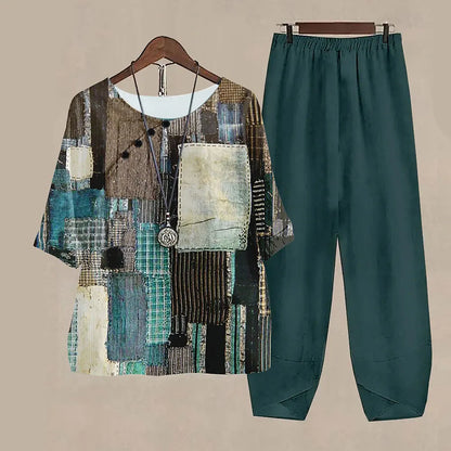 Casual Women's Set - Short Sleeve Shirt + High Waist Floral Pants