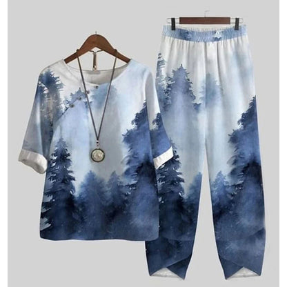 Casual Women's Set - Short Sleeve Shirt + High Waist Floral Pants