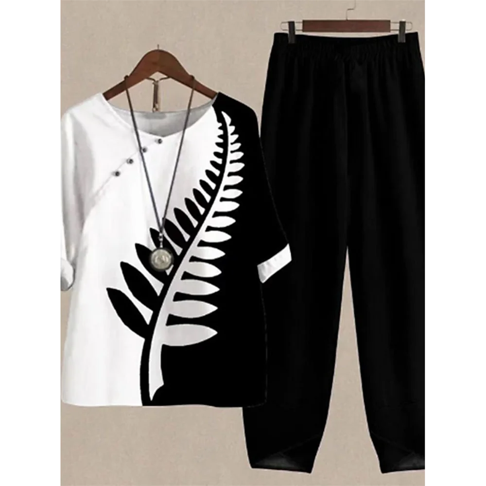 Casual Women's Set - Short Sleeve Shirt + High Waist Floral Pants