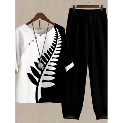 Casual Women's Set - Short Sleeve Shirt + High Waist Floral Pants