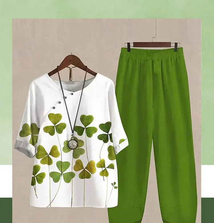 Casual Women's Set - Short Sleeve Shirt + High Waist Floral Pants