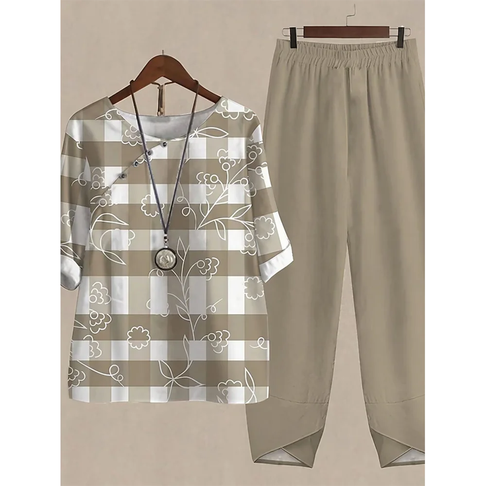 Casual Women's Set - Short Sleeve Shirt + High Waist Floral Pants