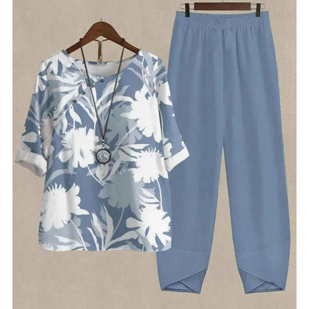 Casual Women's Set - Short Sleeve Shirt + High Waist Floral Pants