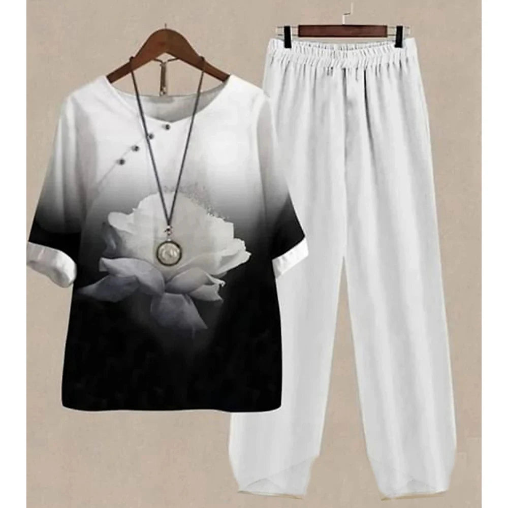 Casual Women's Set - Short Sleeve Shirt + High Waist Floral Pants