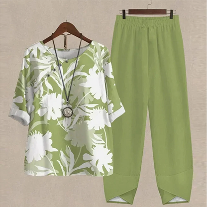 Casual Women's Set - Short Sleeve Shirt + High Waist Floral Pants
