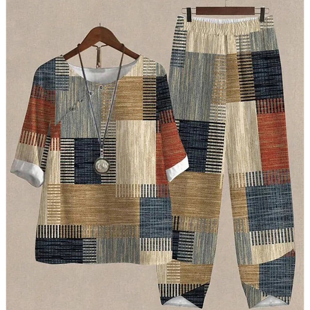 Casual Women's Set - Short Sleeve Shirt + High Waist Floral Pants