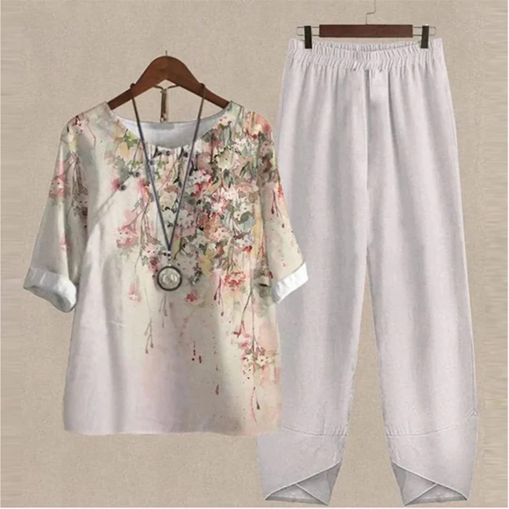 Casual Women's Set - Short Sleeve Shirt + High Waist Floral Pants