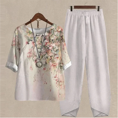 Casual Women's Set - Short Sleeve Shirt + High Waist Floral Pants