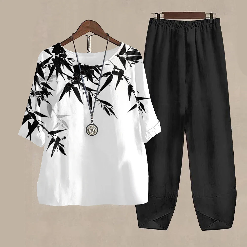 Casual Women's Set - Short Sleeve Shirt + High Waist Floral Pants