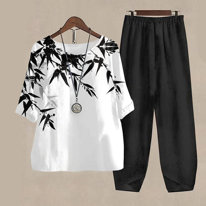 Casual Women's Set - Short Sleeve Shirt + High Waist Floral Pants