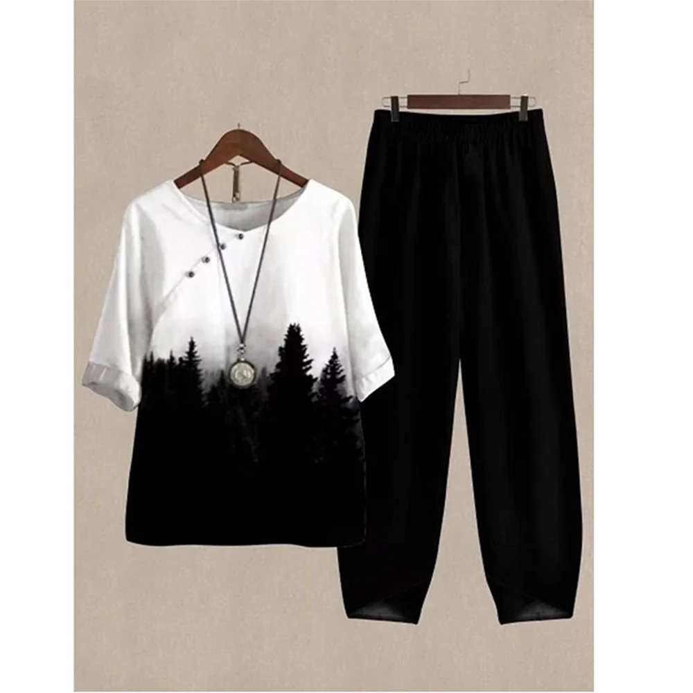 Casual Women's Set - Short Sleeve Shirt + High Waist Floral Pants