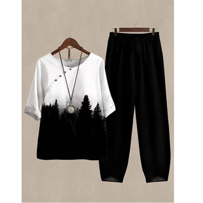 Casual Women's Set - Short Sleeve Shirt + High Waist Floral Pants