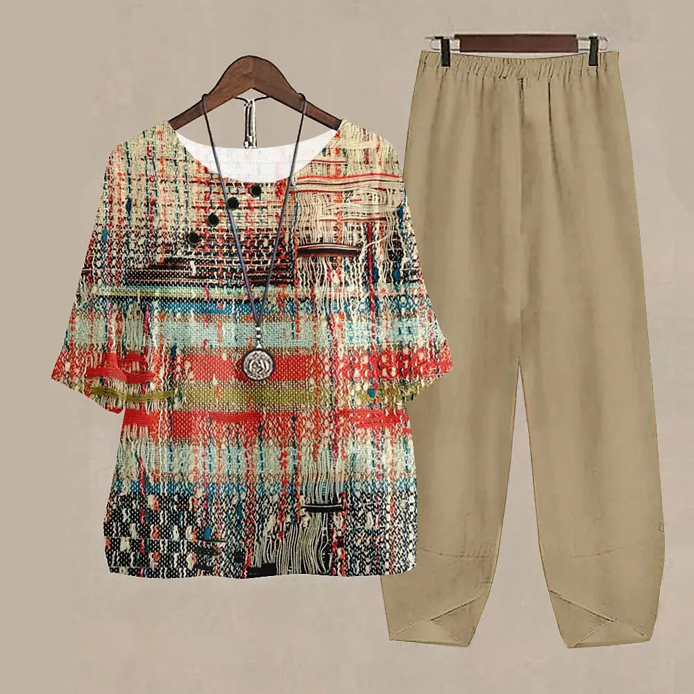 Casual Women's Set - Short Sleeve Shirt + High Waist Floral Pants