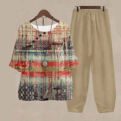 Casual Women's Set - Short Sleeve Shirt + High Waist Floral Pants