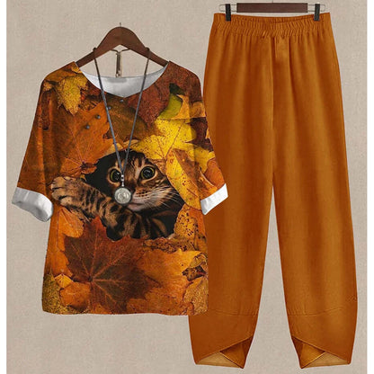 Casual Women's Set - Short Sleeve Shirt + High Waist Floral Pants