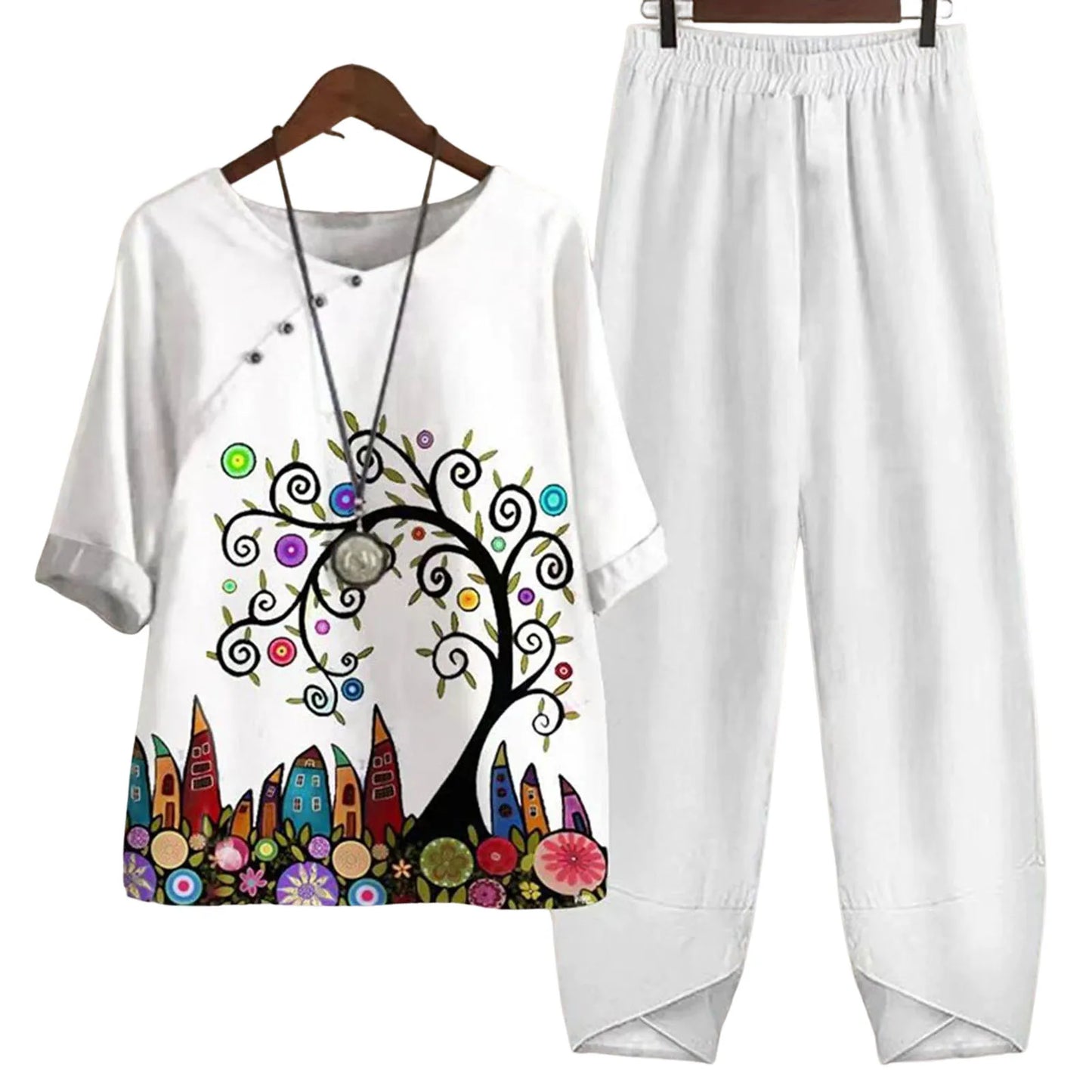 Casual Women's Set - Short Sleeve Shirt + High Waist Floral Pants
