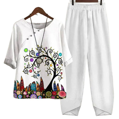 Casual Women's Set - Short Sleeve Shirt + High Waist Floral Pants