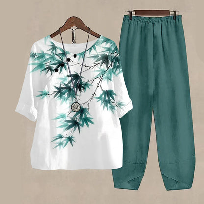 Casual Women's Set - Short Sleeve Shirt + High Waist Floral Pants