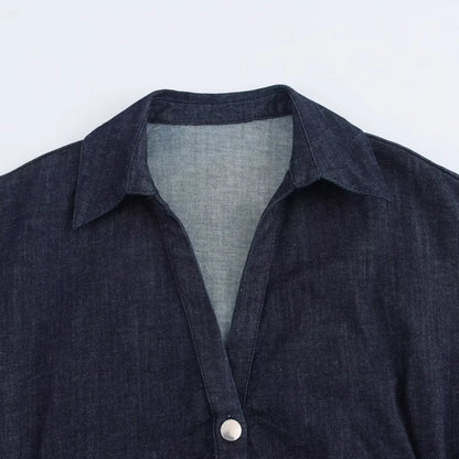 ETJ 2025 traf Spring New 1975 series denim MIDI dress with lapel side zipper fashion wrinkle waist slim elegant dress