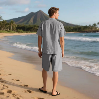 New summer men's retro cotton and linen shirt set, fashionable lapel button beach short-sleeved shirt and shorts two-piece set