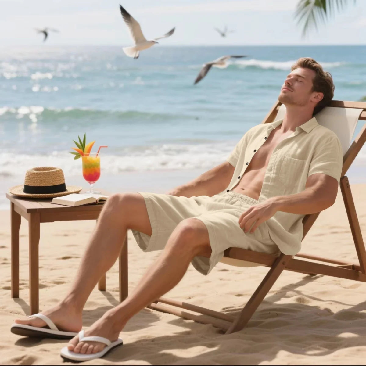 New summer men's retro cotton and linen shirt set, fashionable lapel button beach short-sleeved shirt and shorts two-piece set