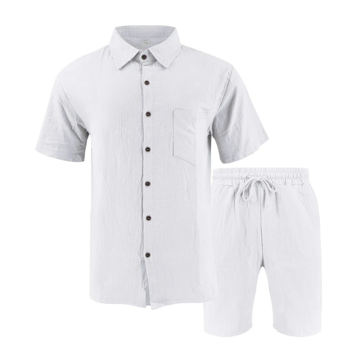 New summer men's retro cotton and linen shirt set, fashionable lapel button beach short-sleeved shirt and shorts two-piece set