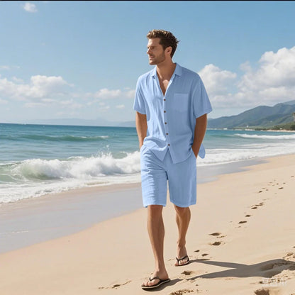 New summer men's retro cotton and linen shirt set, fashionable lapel button beach short-sleeved shirt and shorts two-piece set