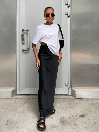 Elegant Satin Black Trumpet Skirts Fashion Slim High Waist Skirts Women Female Solid Office Long Skirt Spring Summer