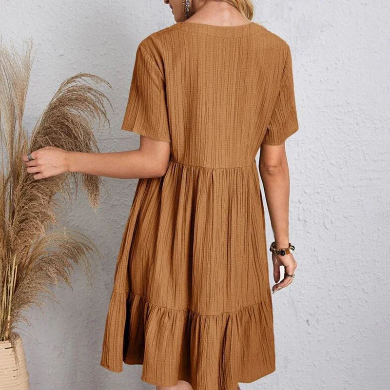 2025 Loose V-neck Short Sleeved Pleated Women Dress Solid Color A-line Beach Dresses Elegant Simple Comfortable Woman Clothing