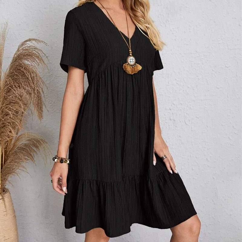 2025 Loose V-neck Short Sleeved Pleated Women Dress Solid Color A-line Beach Dresses Elegant Simple Comfortable Woman Clothing