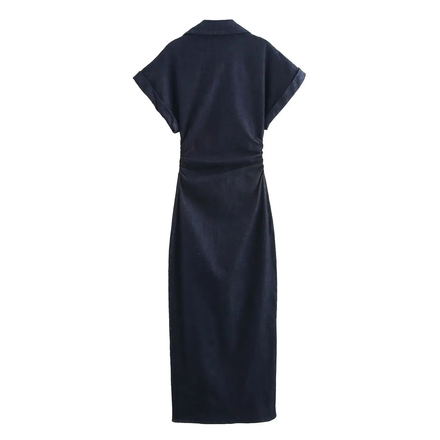 ETJ 2025 traf Spring New 1975 series denim MIDI dress with lapel side zipper fashion wrinkle waist slim elegant dress
