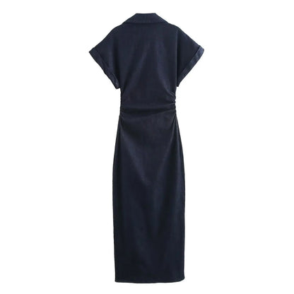 ETJ 2025 traf Spring New 1975 series denim MIDI dress with lapel side zipper fashion wrinkle waist slim elegant dress