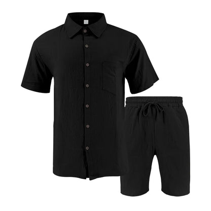 New summer men's retro cotton and linen shirt set, fashionable lapel button beach short-sleeved shirt and shorts two-piece set