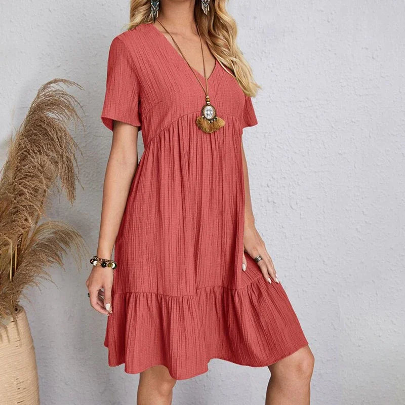 2025 Loose V-neck Short Sleeved Pleated Women Dress Solid Color A-line Beach Dresses Elegant Simple Comfortable Woman Clothing