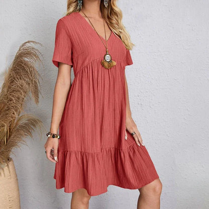 2025 Loose V-neck Short Sleeved Pleated Women Dress Solid Color A-line Beach Dresses Elegant Simple Comfortable Woman Clothing