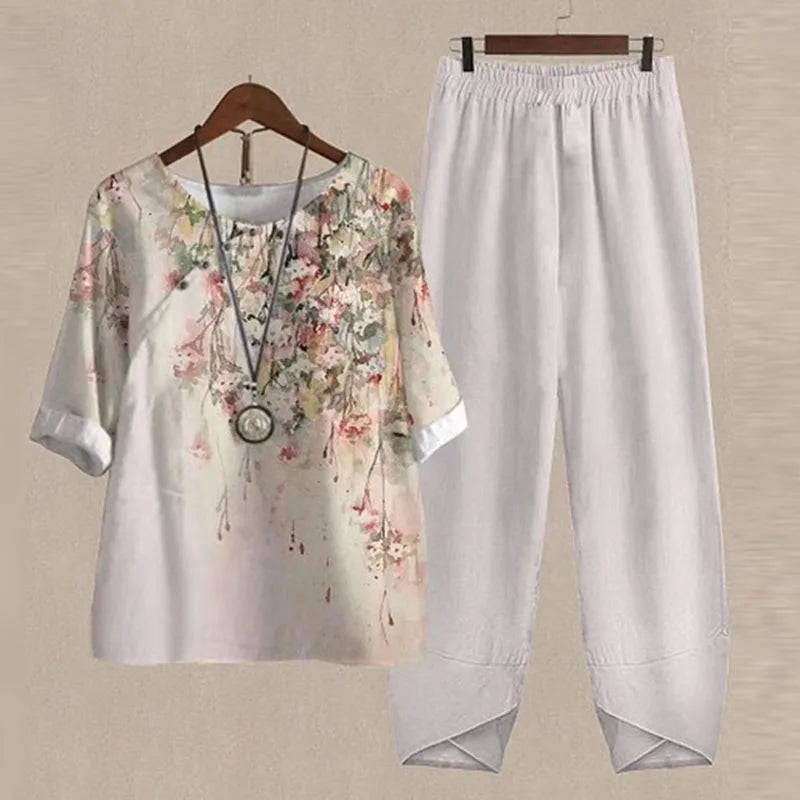 Casual Women's Set - Short Sleeve Shirt + High Waist Floral Pants