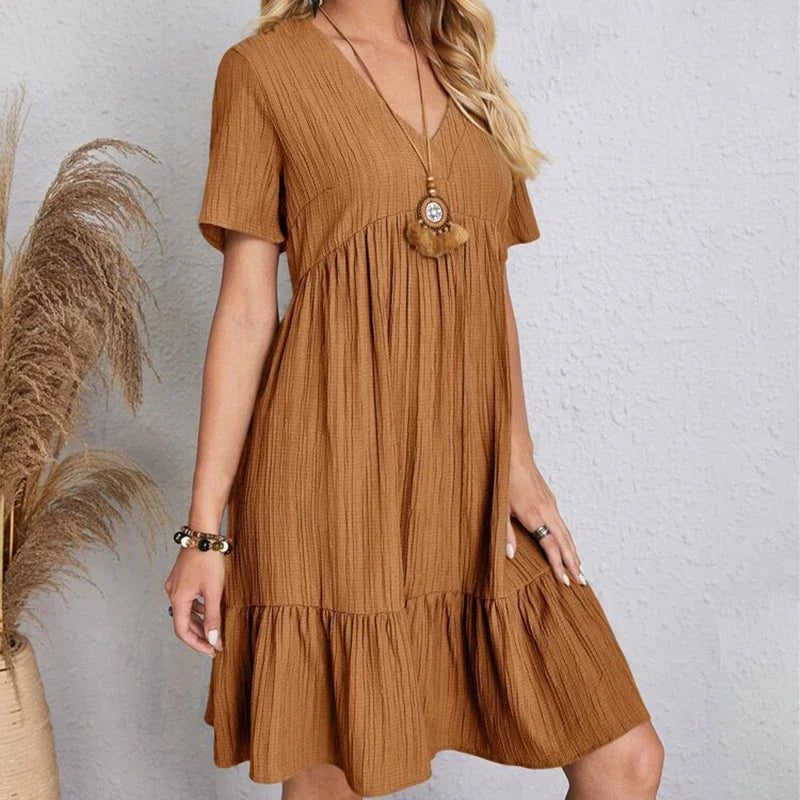 2025 Loose V-neck Short Sleeved Pleated Women Dress Solid Color A-line Beach Dresses Elegant Simple Comfortable Woman Clothing