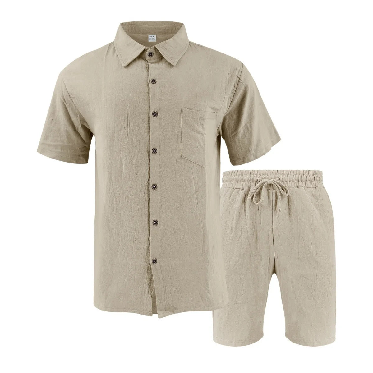 New summer men's retro cotton and linen shirt set, fashionable lapel button beach short-sleeved shirt and shorts two-piece set