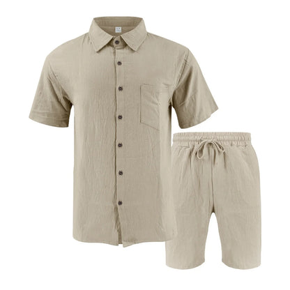 New summer men's retro cotton and linen shirt set, fashionable lapel button beach short-sleeved shirt and shorts two-piece set