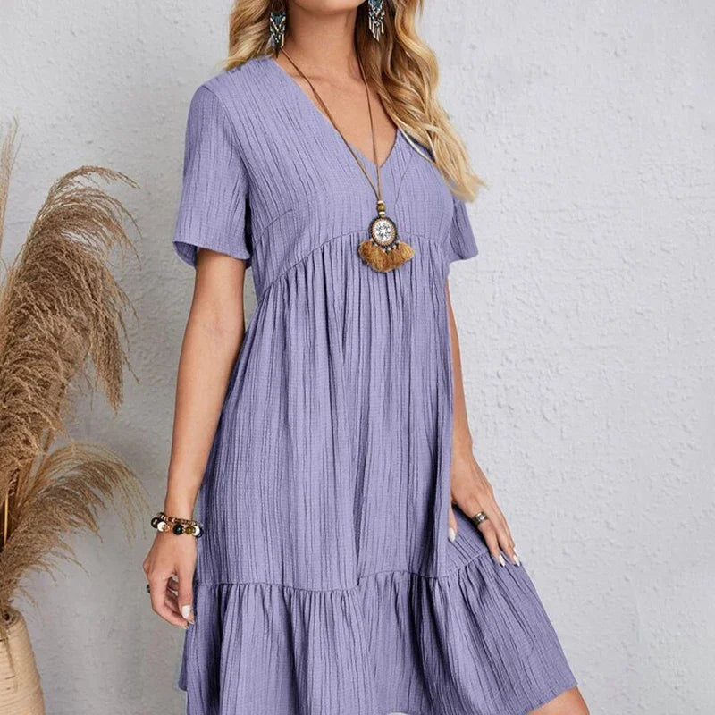 2025 Loose V-neck Short Sleeved Pleated Women Dress Solid Color A-line Beach Dresses Elegant Simple Comfortable Woman Clothing