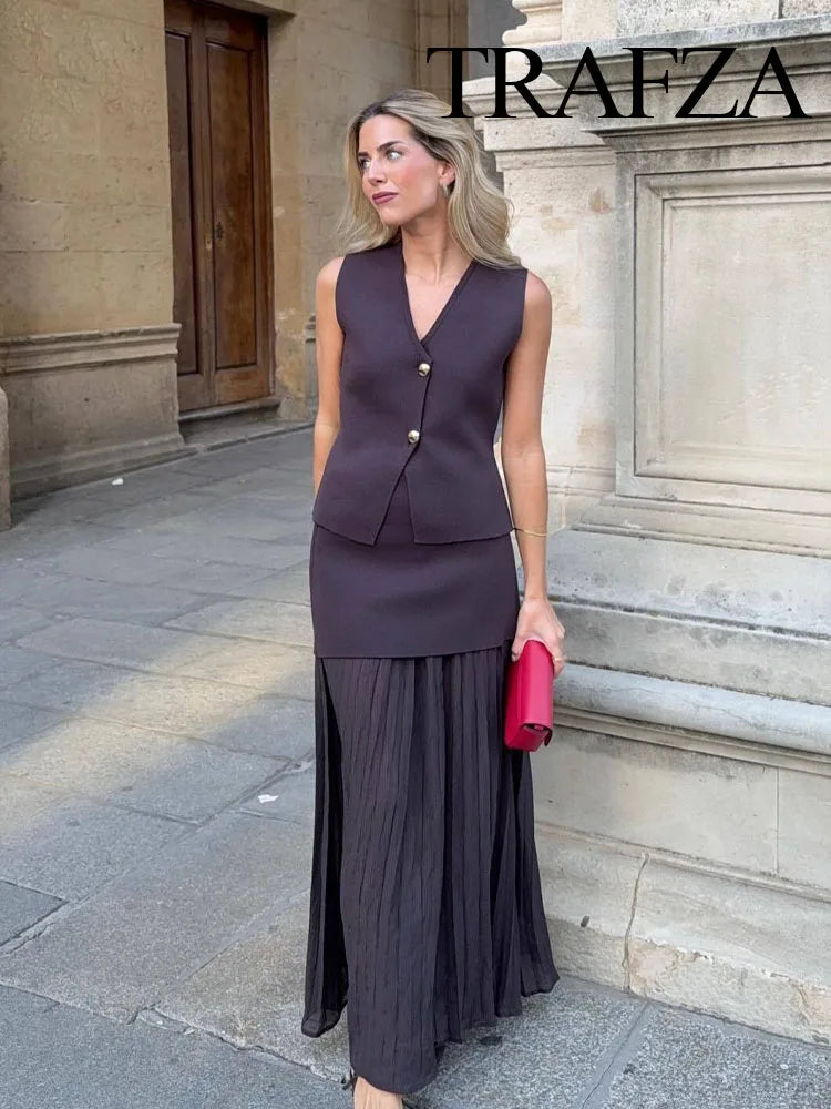 Modern Women's Set - Blouse + Long Skirt with High Waist Zipper