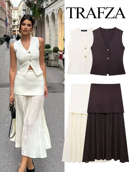 Modern Women's Set - Blouse + Long Skirt with High Waist Zipper