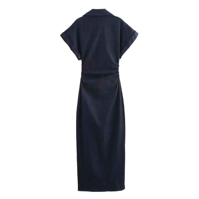 ETJ 2025 traf Spring New 1975 series denim MIDI dress with lapel side zipper fashion wrinkle waist slim elegant dress