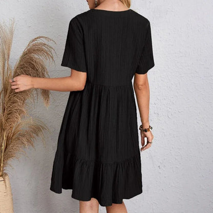 2025 Loose V-neck Short Sleeved Pleated Women Dress Solid Color A-line Beach Dresses Elegant Simple Comfortable Woman Clothing
