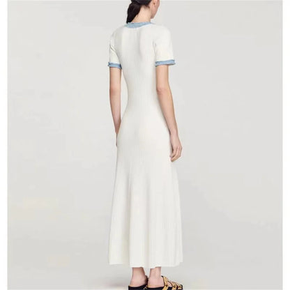 Elegant Contrasting Women Knit Maxi Dress Chic O-neck Short Sleeve Metal Buttons Bodycon Dresses Office Lady Commuting Robe