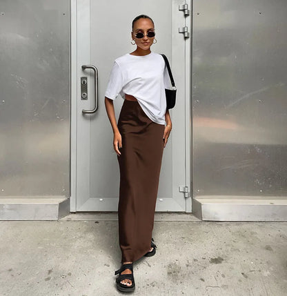 Elegant Satin Black Trumpet Skirts Fashion Slim High Waist Skirts Women Female Solid Office Long Skirt Spring Summer