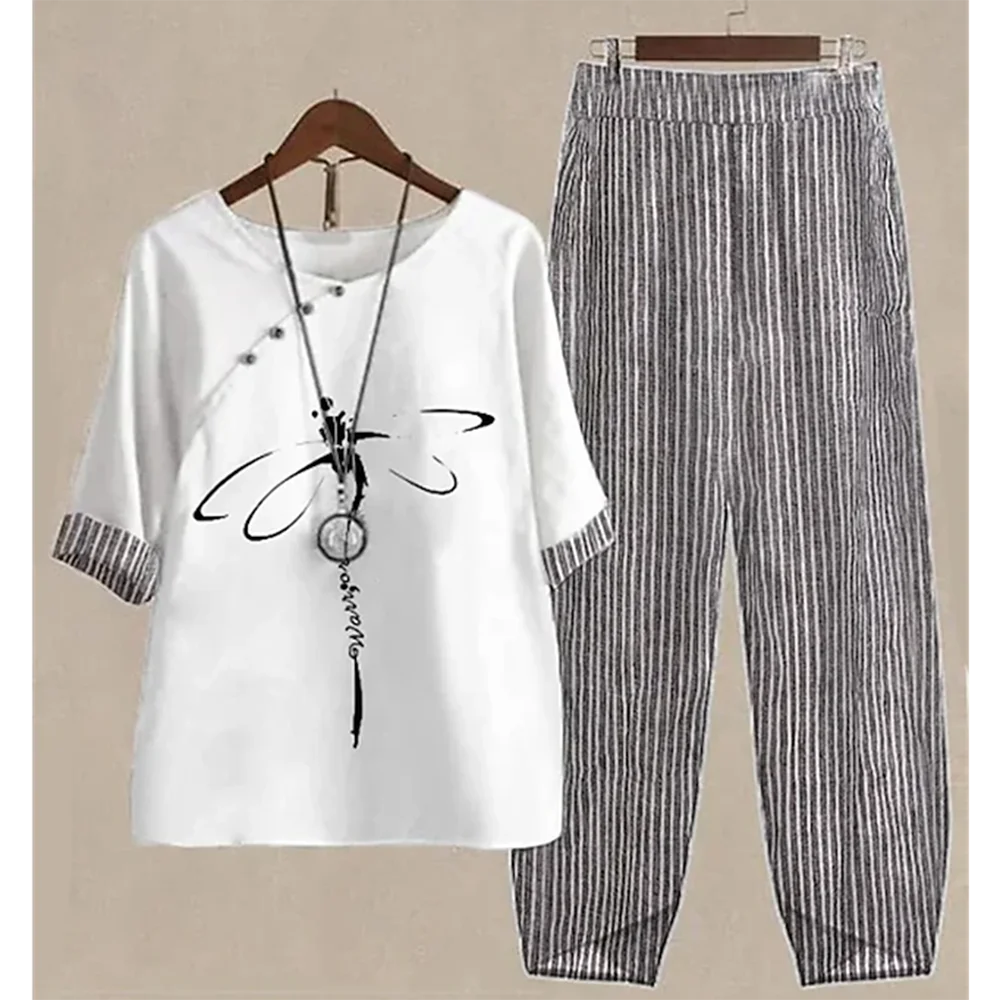 Casual Women's Set - Short Sleeve Shirt + High Waist Floral Pants