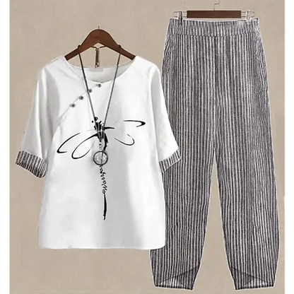 Casual Women's Set - Short Sleeve Shirt + High Waist Floral Pants