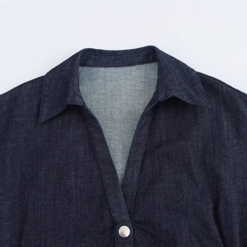 ETJ 2025 traf Spring New 1975 series denim MIDI dress with lapel side zipper fashion wrinkle waist slim elegant dress